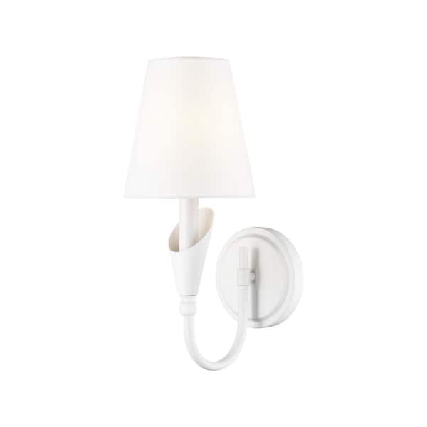 Claudelle 5.75 in. 1 Light Textured White Wall Sconce with White Fabric Shade