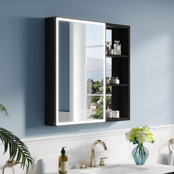 ANGELES HOME 32 in. W x 30 in. H Rectangular Black Aluminum Recessed/Surface Mount LED Medicine Cabinet with Mirror, Left Hinge