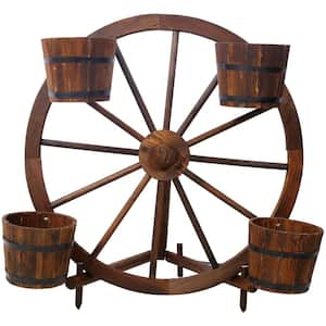 Brown Wood Wagon Wheel Barrel Planter, Wagon Wheel Barrel Planter Display