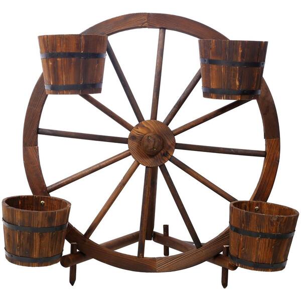 Siavonce Brown Wood Wagon Wheel Barrel Planter, Wagon Wheel Barrel Planter Display