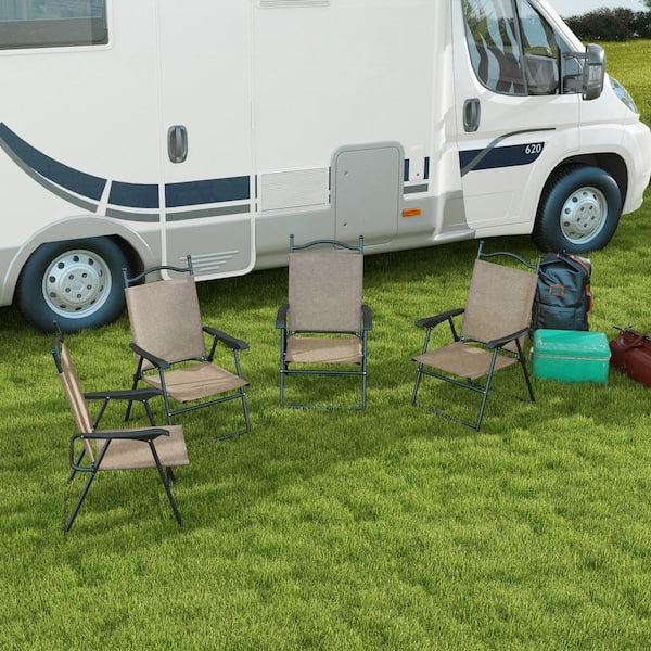 Brown Steel Folding Sling Outdoor Lawn Chair, Dining Chair (Set of 4)