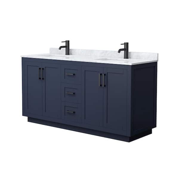 Wyndham Collection Miranda 66 in. W x 22 in. D x 33.75 in. H Double Bath Vanity in Dark Blue with White Carrara Marble Top