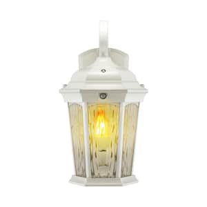2-Light 14.6 in White Motion Sensing Integrated LED Outdoor Wall Lantern Sconce with Flickering Bulb/Clear Glass