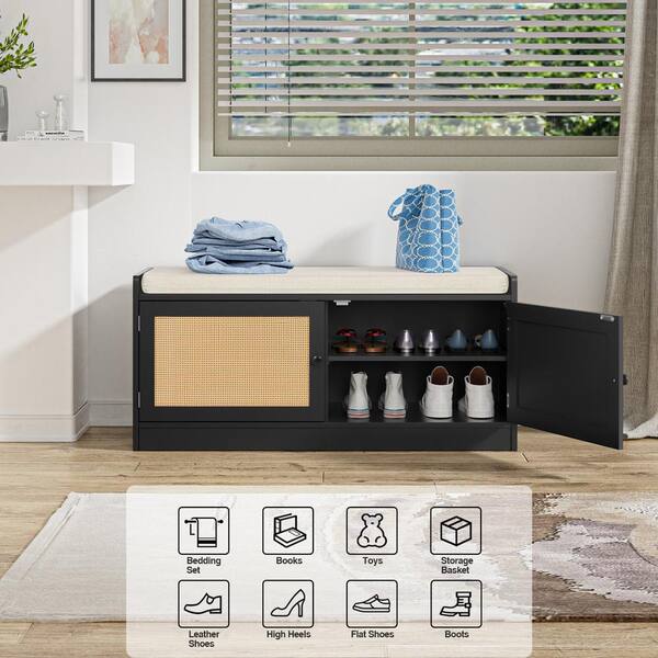 Aupodin 18 H x W Black Wood Rattan Shoe Storage Bench