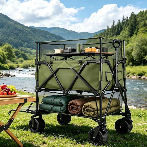 20 cu. ft. Black Metal Garden Cart Double Decker Wagon Cart with Wheels Foldable, 550L Large Capacity Collapsible Wagon