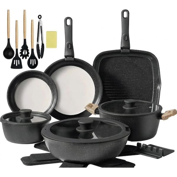 23-Piece Black Ceramic Non Stick Cookware Set with Detachable Handle Induction Safe Space Saving Pots and Pans All