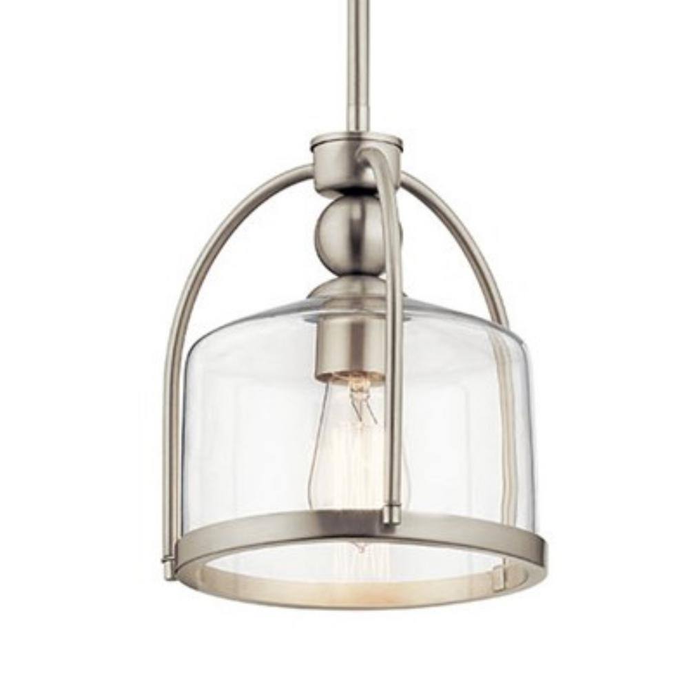 Transitional Brushed Nickel Mini Pendant with Clear Glass Shade