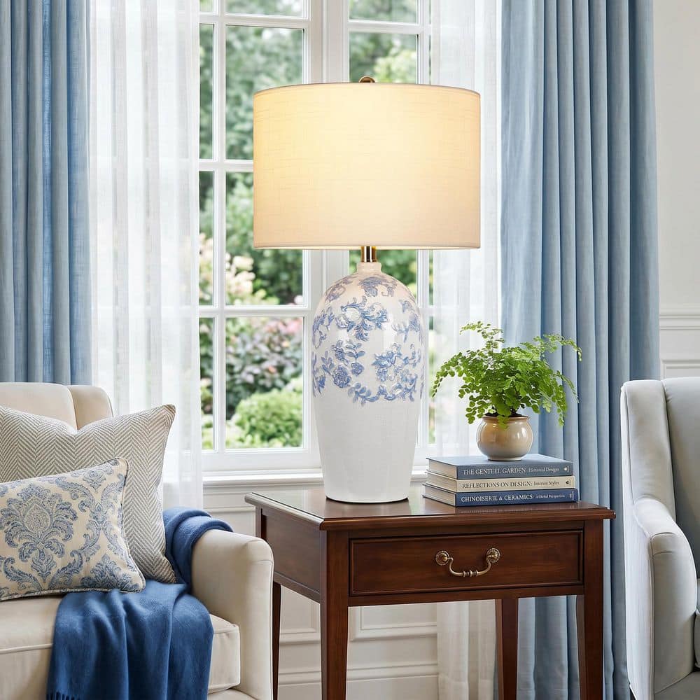 27.5 in. Blue and White Chinoiserie Embossed Floral Ceramic Table Lamp, 3 Color Temp Accent Lamp for Bedroom Living Room price history on PriceWatchPro