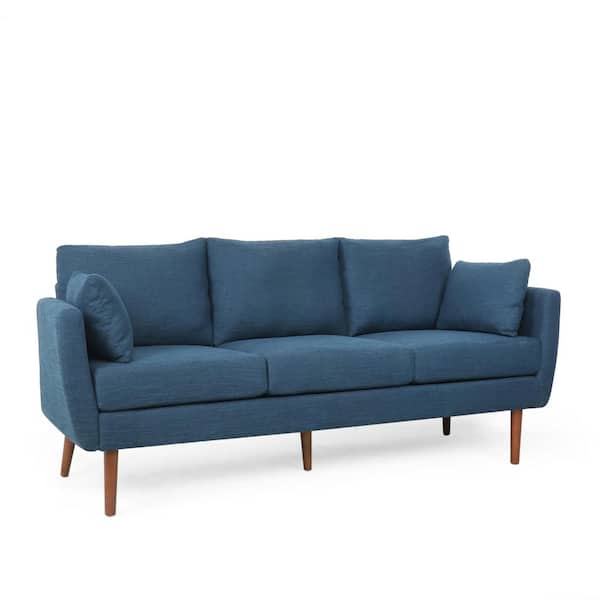 Noble House Marengo 76.5 in. Wide Navy Blue and Walnut 3-Seat Square Arm Fabric Straight Fabric Sofa