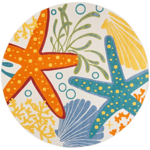 Aloha Multicolor 8 ft. x 8 ft. Round Nautical Contemporary Indoor/Outdoor Patio Area Rug