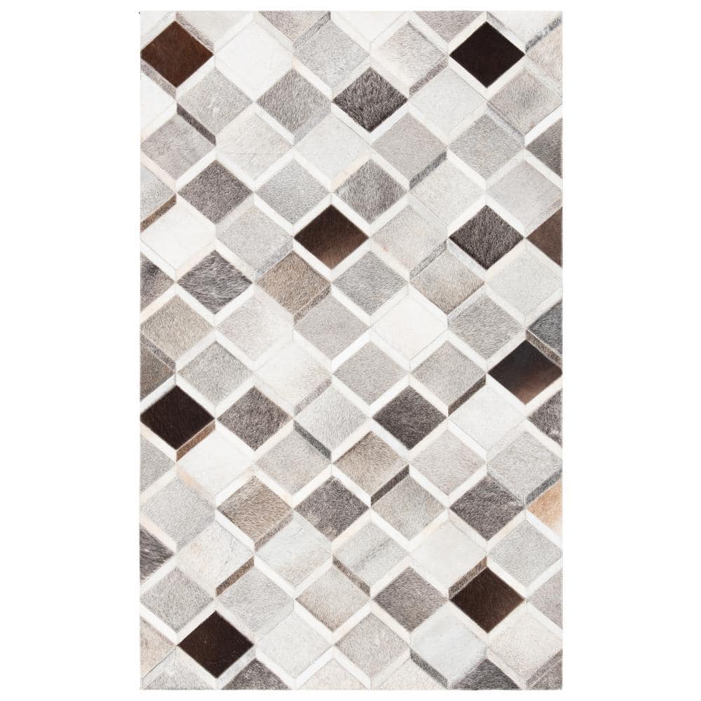 Ivory and Grey Geometric Hand-Knotted Cowhide Area Rug