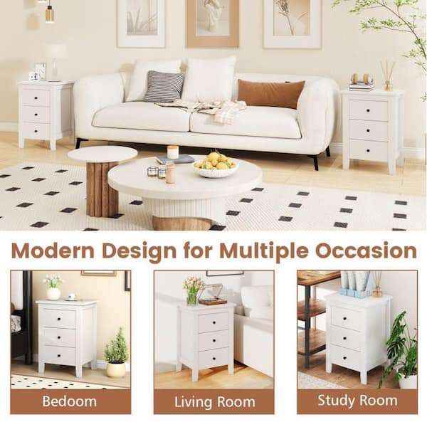 Modern White 3-Drawers Nightstand for Living Room and Bedroom
