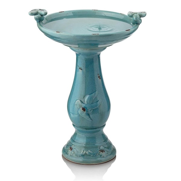 25 in. H x 19 in. Dia Turquoise Ceramic Birdbath with 2 Bird Figurines
