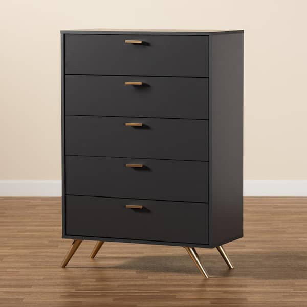 Baxton Studio Kelson 5 Drawer Dark Grey and Gold Chest of Drawers