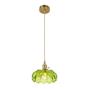 40-Watt 1-Light Gold Modern Pendant-Light with Green Flower-Shape Glass Shade for Dining Room, No Bulbs Included