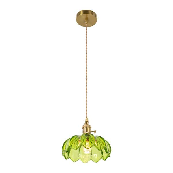 OUKANING 40-Watt 1-Light Gold Modern Pendant-Light with Green Flower-Shape Glass Shade for Dining Room, No Bulbs Included
