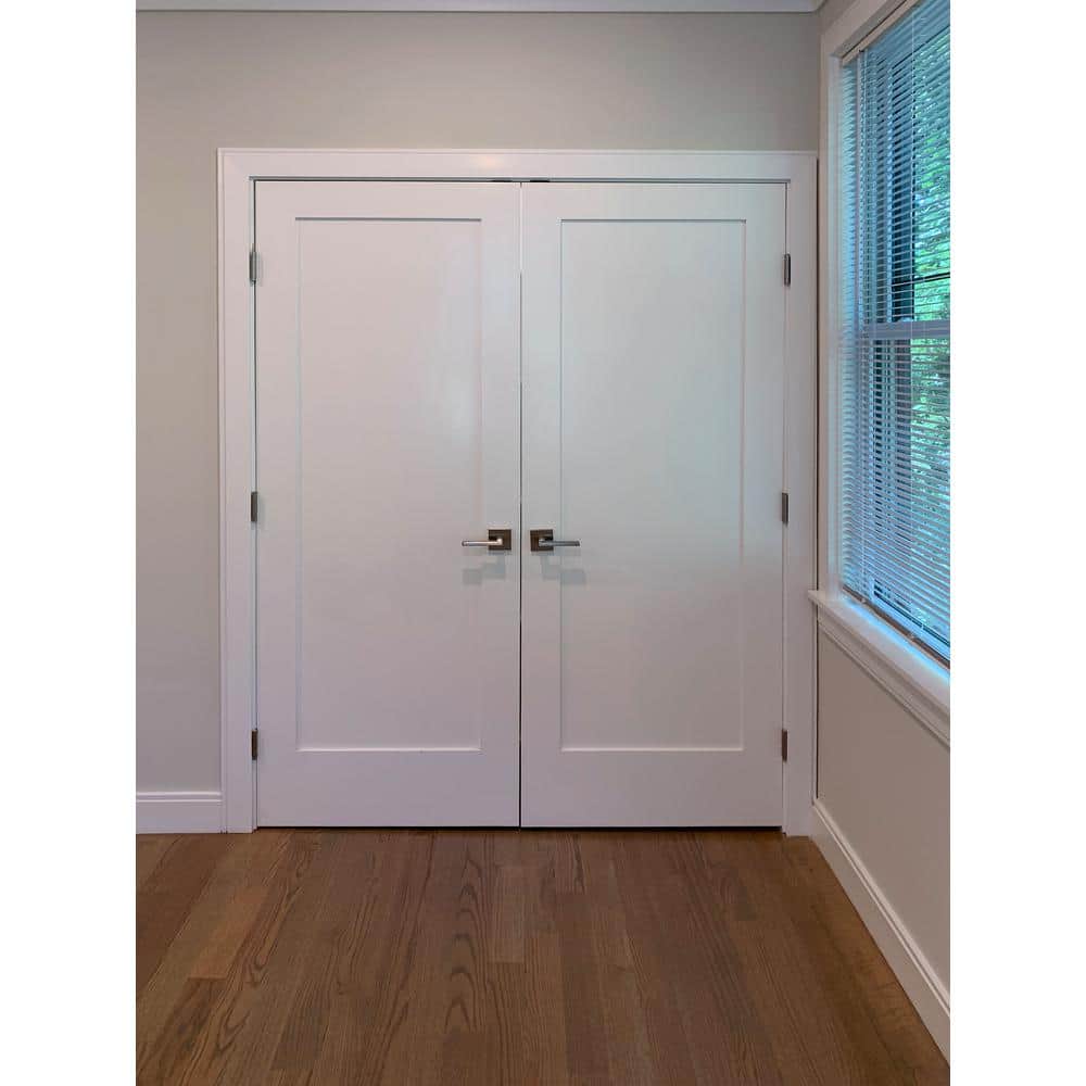 60 in. x 80 in. Solid Core White Primed Double Prehung French Door with Black Hinges