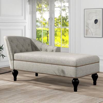 Beige Velvet 1-Arm Chaise Lounge Tufted Fabric with Nail Head Trim