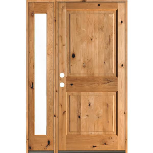 56 in. x 80 in. Rustic knotty alder Right-Hand/Inswing Clear Glass Clear Stain Wood Prehung Front Door w/Left Sidelite