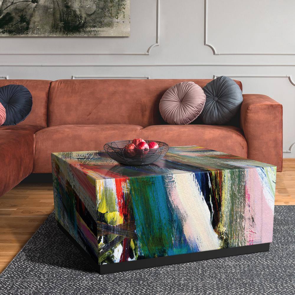 Abstract Multicolor Glass and Wood Cocktail Table