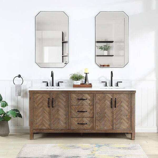ROSWELL Javier 72 in. W x 22 in. D x 33.9 in. H Double Sink Bath Vanity in Gray White Grain Composite Stone Top Mirror
