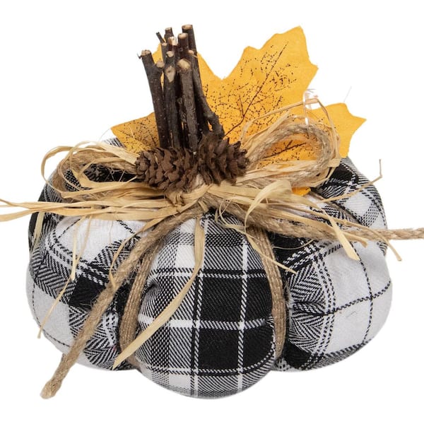 Northlight 7.5 in. H Black and White Fall Harvest Tabletop Pumpkin with Yellow Leaves