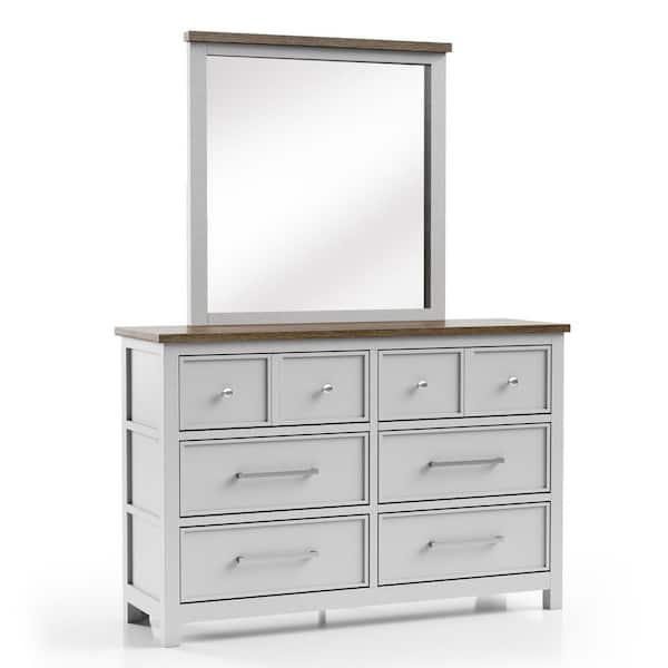 Beiring White and Dark Brown 6-Drawer 54 in. Dresser with Mirror with Nickel Finish Mushroom Knob