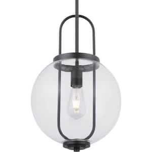 Mitchella 12 in. 1-Light Black Mid-Century Modern Pendant Light with Clear Glass Globe Shade for Kitchen