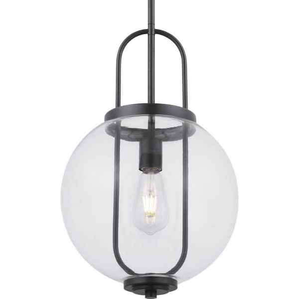 Progress Lighting Mitchella 12 in. 1-Light Black Mid-Century Modern Pendant Light with Clear Glass Globe Shade for Kitchen