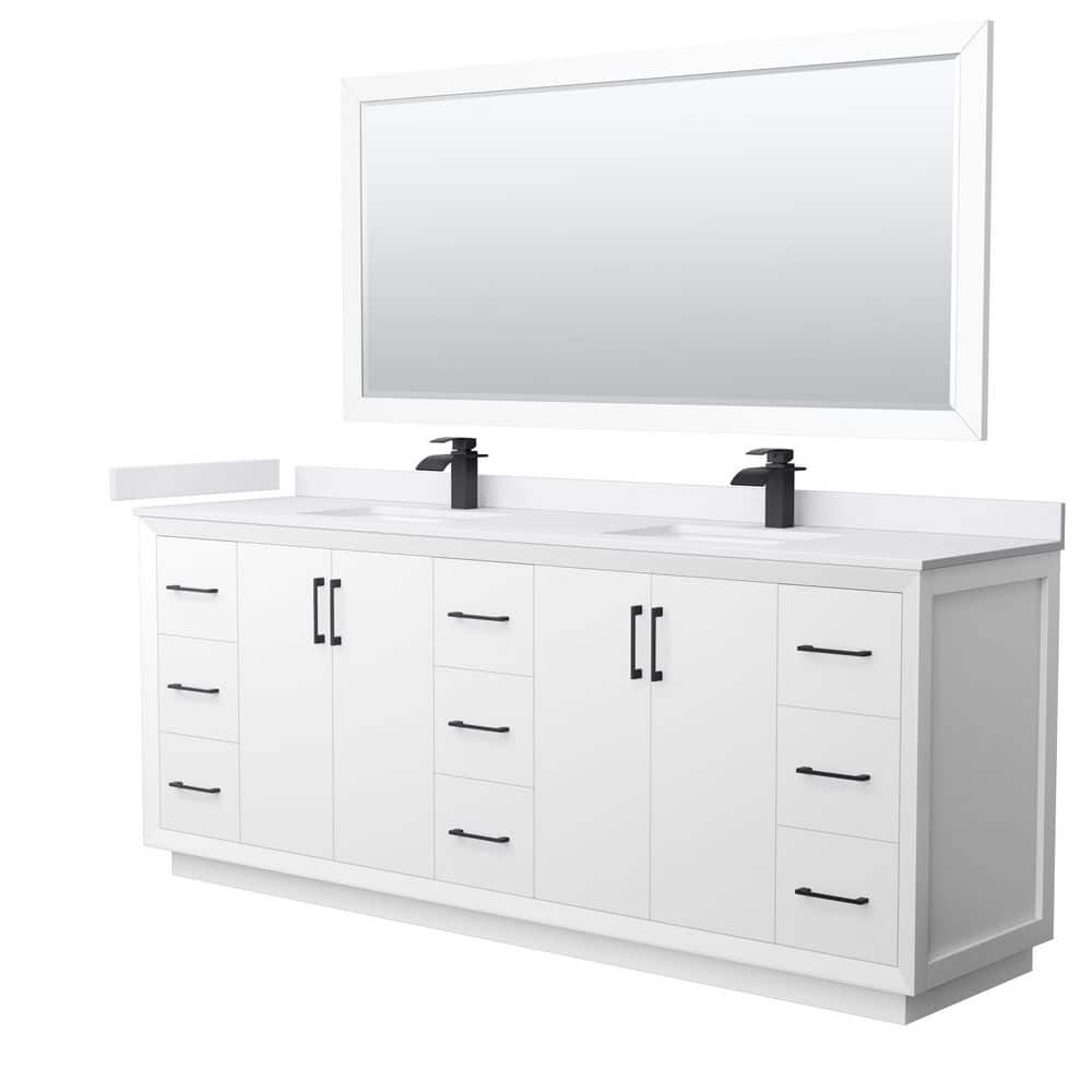 Wyndham Collection Strada 84 in. W x 22 in. D x 35 in. H Double Bath Vanity in White with White Cultured Marble Top and 70 in. Mirror, White with Matte Black Trim -  WCF414184DWBWCUNSM70