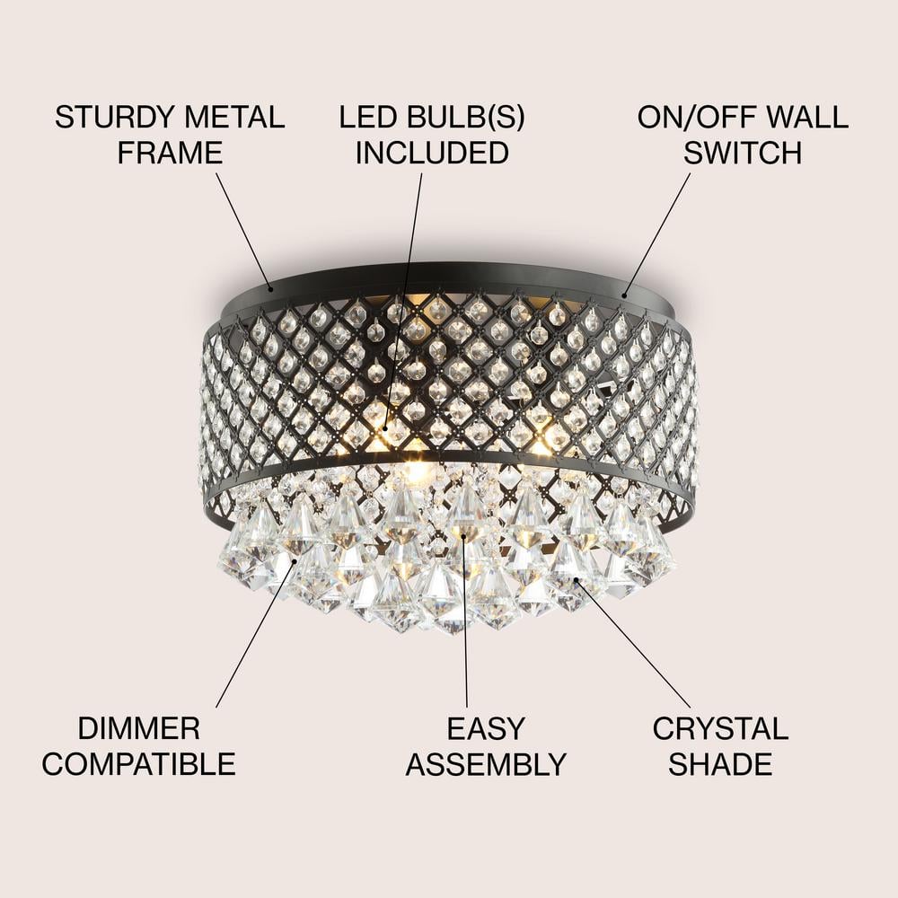 Black Crystal Drum LED Flush Mount Ceiling Light, 17"