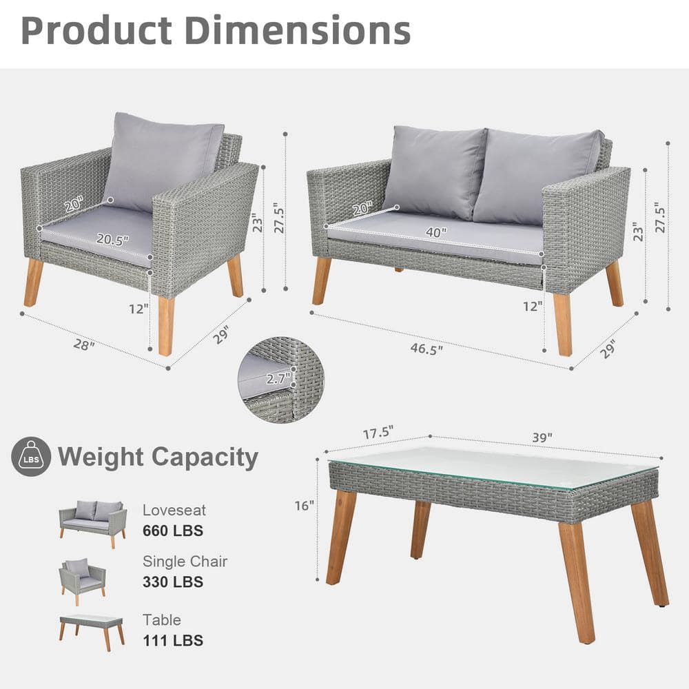 Gray 4-Piece Steel and Resin Rattan Patio Set
