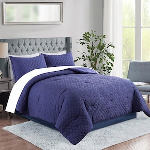 3-Piece Navy Quilted Creased Mincofiber King Size Comforter Set