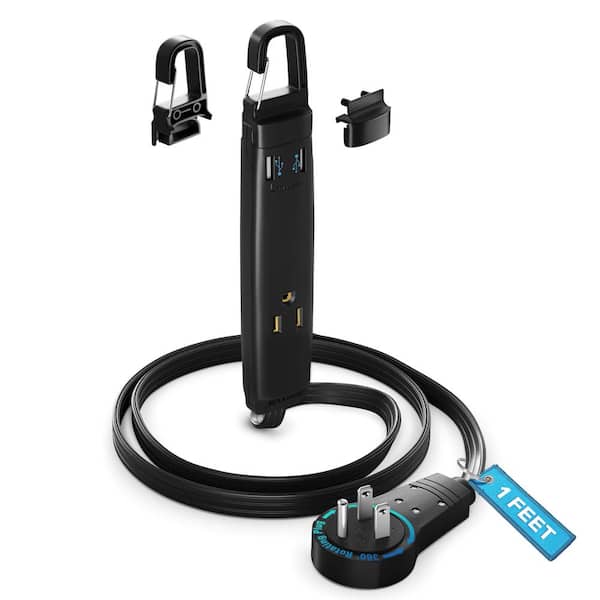 MAXIMM 1 ft. 16/3 Light Duty Indoor Extension Cord with 360° Rotating Flat Plug 3-Outlet with Hook and USB, Black