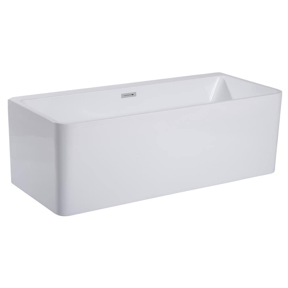 59'' White Freestanding Rectangular Acrylic Soaking Bathtub