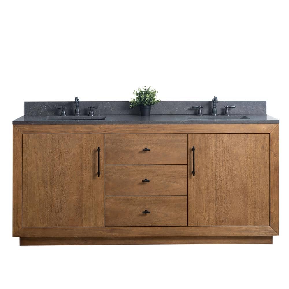 72" Tan and Black Limestone Double Sink Bathroom Vanity