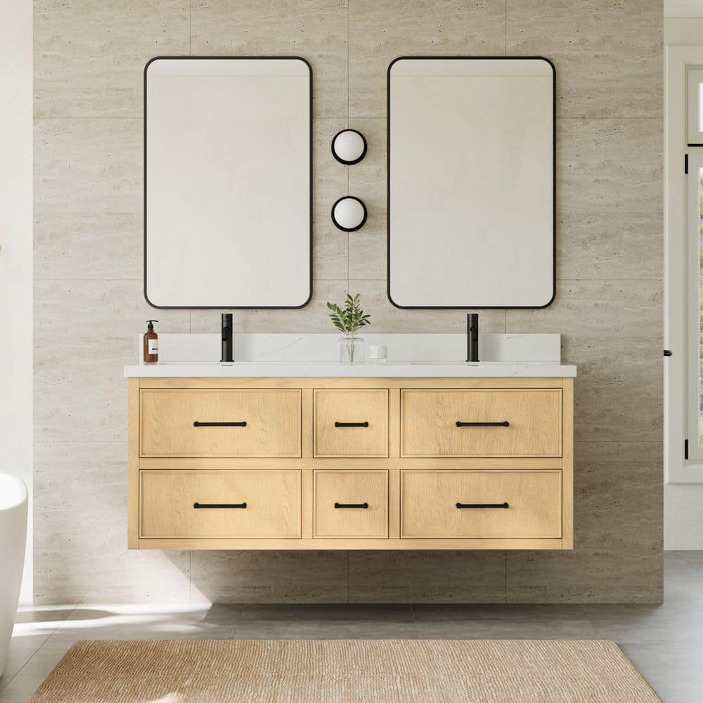 Isola WM 60 in. Double Wall-Mounted Scandinavian Oak with Matte Black Trim Bath Vanity with Giotto Quartz Top price history on PriceWatchPro
