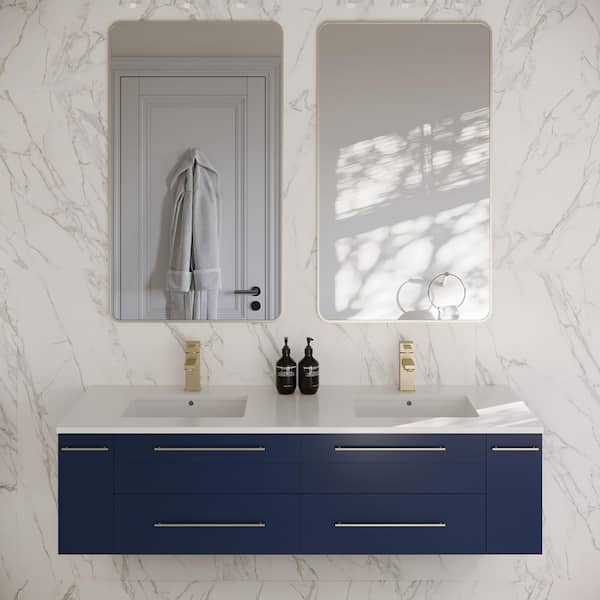 Lucera 60 in. Double Sink Wall Mount Floating Royal Blue Bath Vanity with White Quartz Top and Undermount Ceramic Sinks