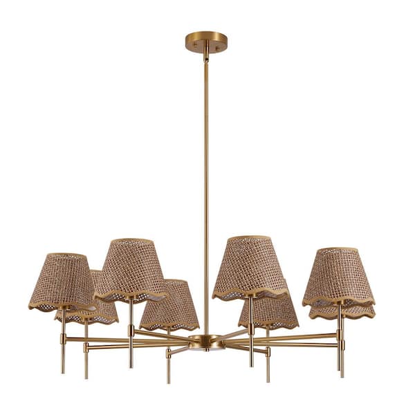 39 in. 8-Light Boho Rattan Gold Rustic Pendant Light with for Kitchen Island, Dining, Living Room