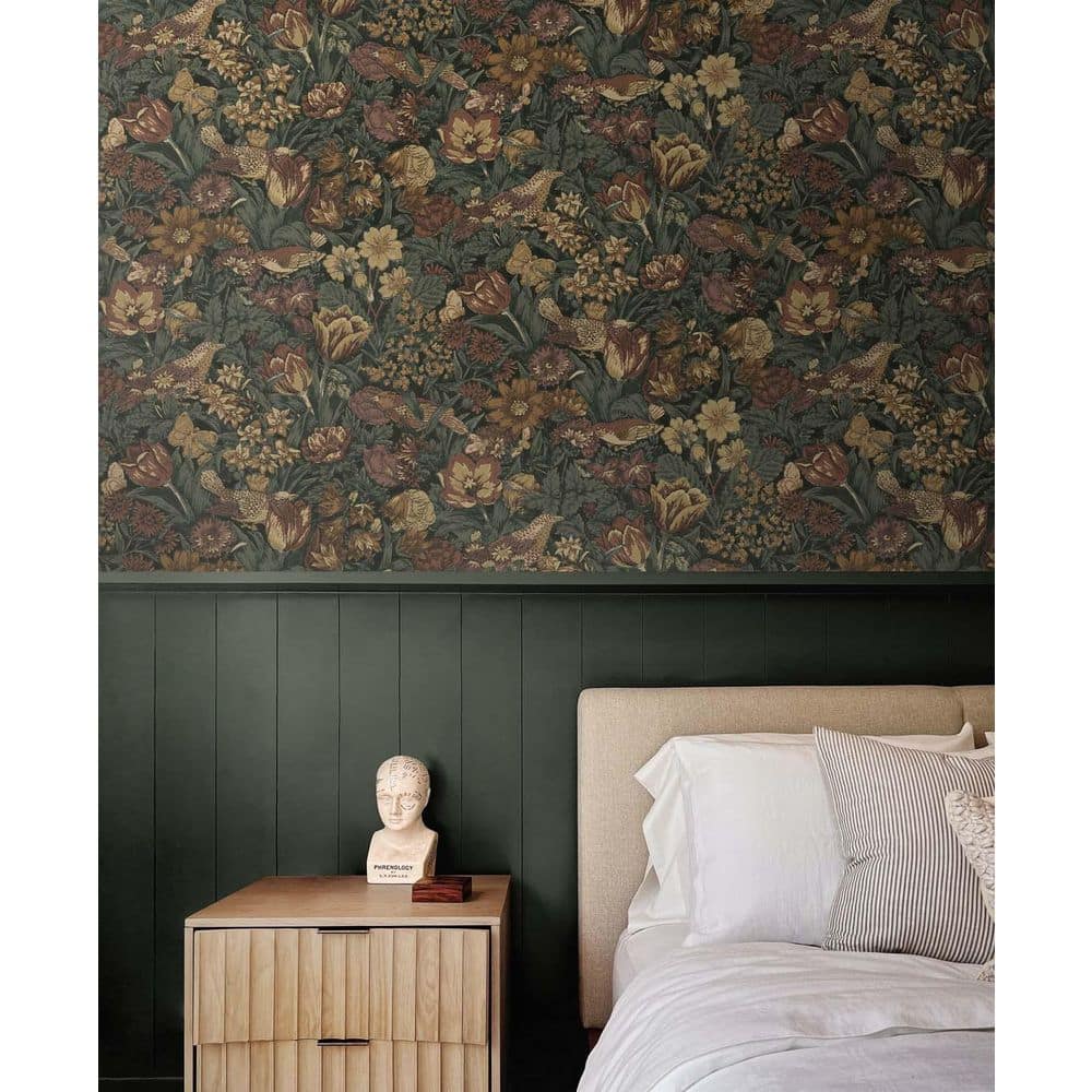 Mahogany and Graphite Bird Floral Peel and Stick Wallpaper