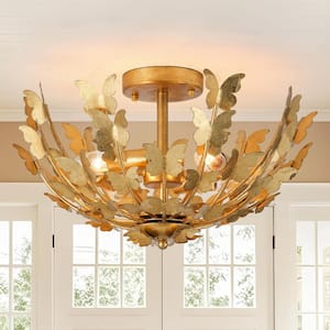 17.72 in. 4-Light Antique Gold Semi-Flush Mount Ceiling Light with Layers of Butterfly Shade and No Bulbs Included