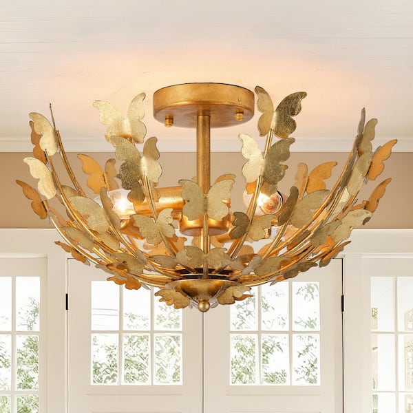 17.72 in. 4-Light Antique Gold Semi-Flush Mount Ceiling Light with Layers of Butterfly Shade and No Bulbs Included