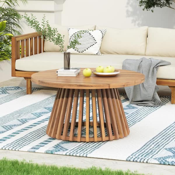 31.5 in. Light Teak Acacia Wood Round Outdoor Patio Coffee Table with Slatted Pedestal Base