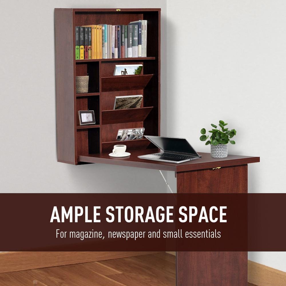 Brown Fold-Out Wall Mounted Desk with Adjustable Shelves