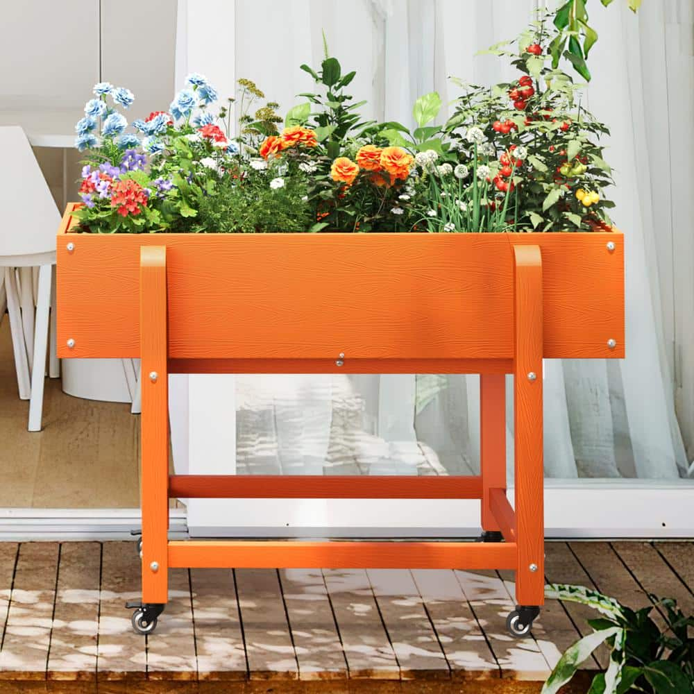 LUE BONA 39 in. x 20 in. x 28 in.Orange Plastic Raised Garden Bed Mobile Elevated Planter Box with Lockable Wheels and Liner