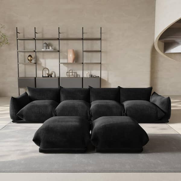 Modern 131 in. Flared Arm 6-Piece Chenille 4-Seater U-shaped Modular Convertible Sectional Sofa with Ottomans in Black