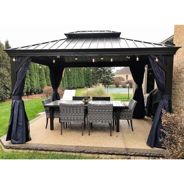 PURPLE LEAF 12 ft. x 16 ft. Patio Outdoor Gazebo Aluminum Frame Galvanized Steel Hardtop Gazebo with Navy Blue Curtain