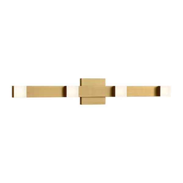 SCOTT LIVING Brander 30.38 in. 4-Light Satin Brass LED Extra Large Vanity Light Bar with Frosted Acrylic Shades