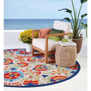 Aloha Multicolor 8 ft. x 8 ft. Round Floral Modern Indoor/Outdoor Patio Area Rug
