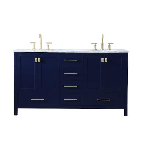 Unbranded Simply Living 60 in. W x 22 in. D x 34 in. H Bath Vanity in Blue with Carrara White Marble Top